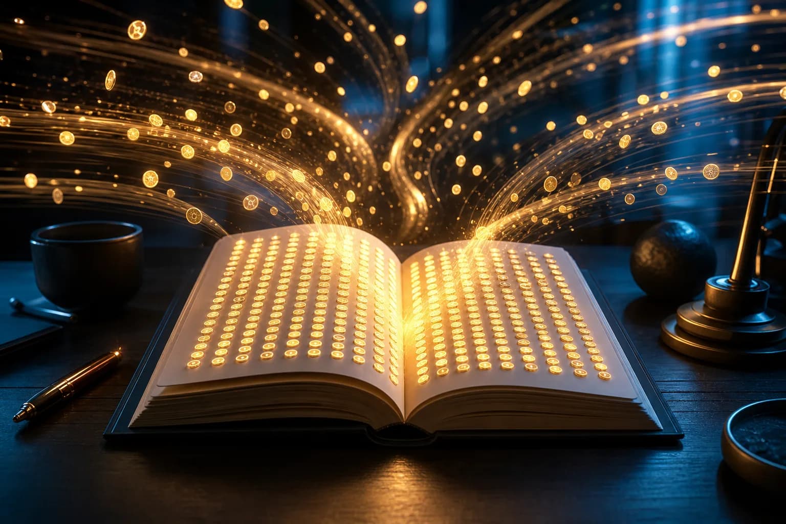 Many small glowing payments settling into orderly rows inside one ledger