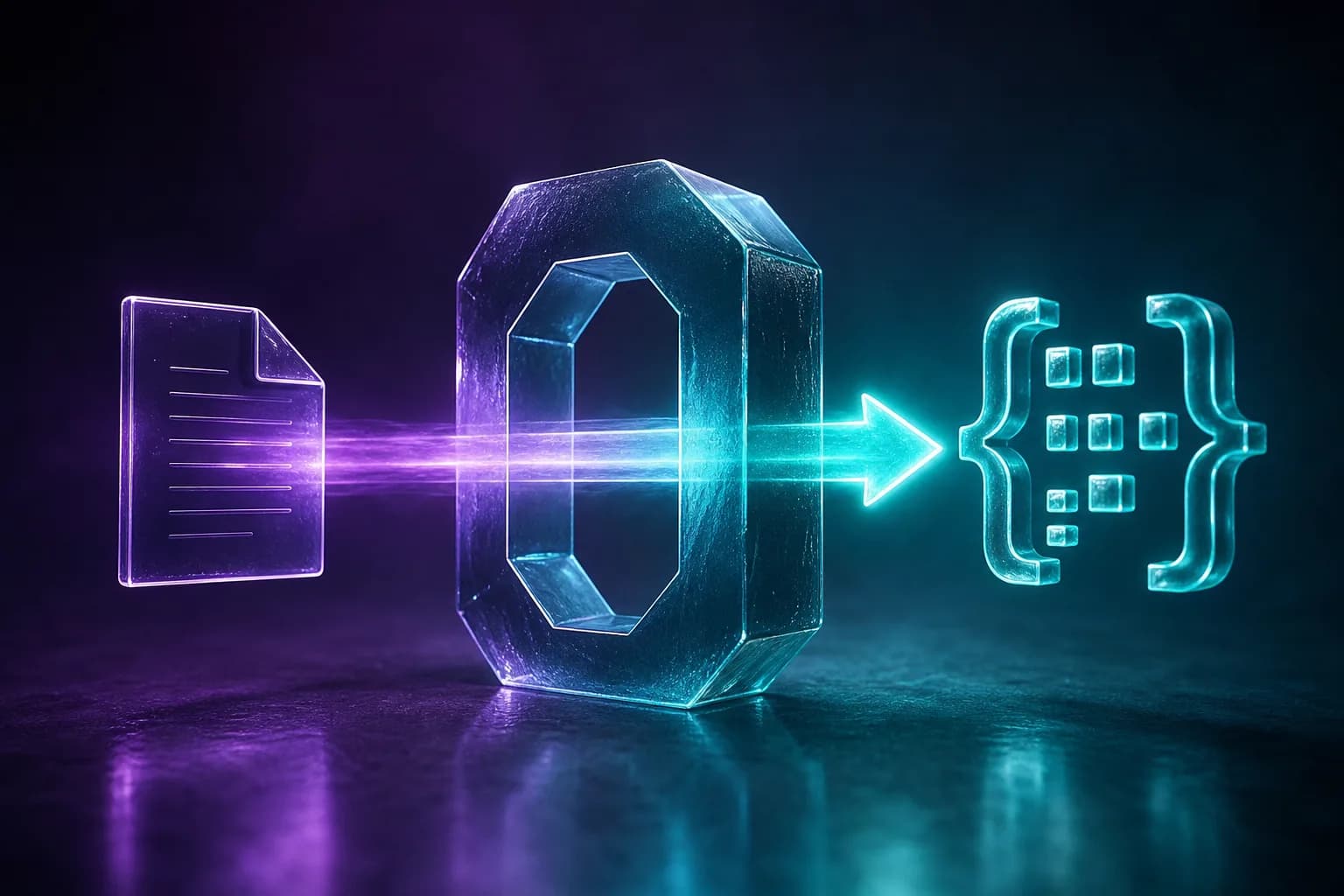 One glowing arrow passing through a single API call, a document entering and structured JSON exiting
