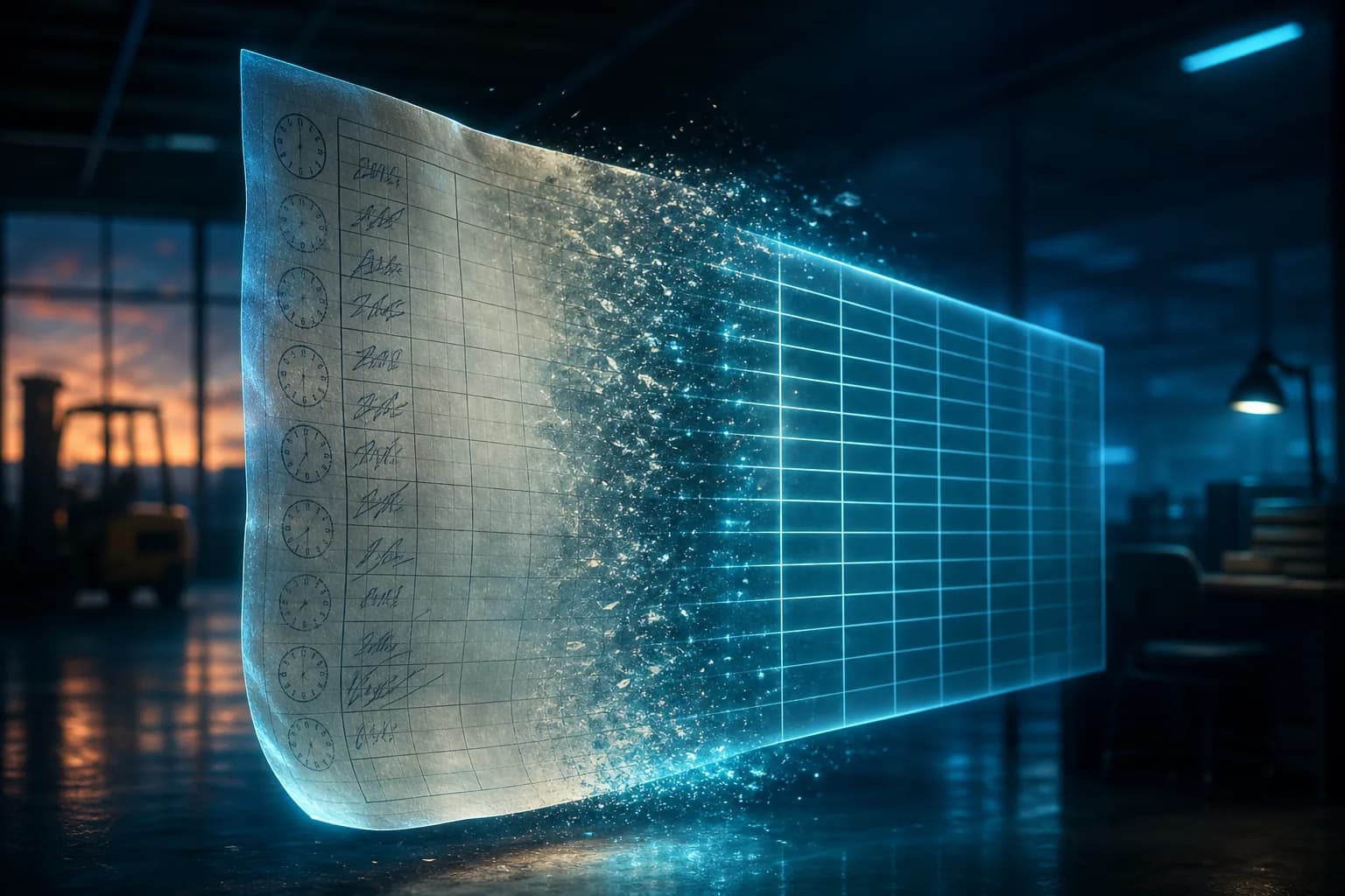 A paper timesheet resolving into a structured Excel spreadsheet