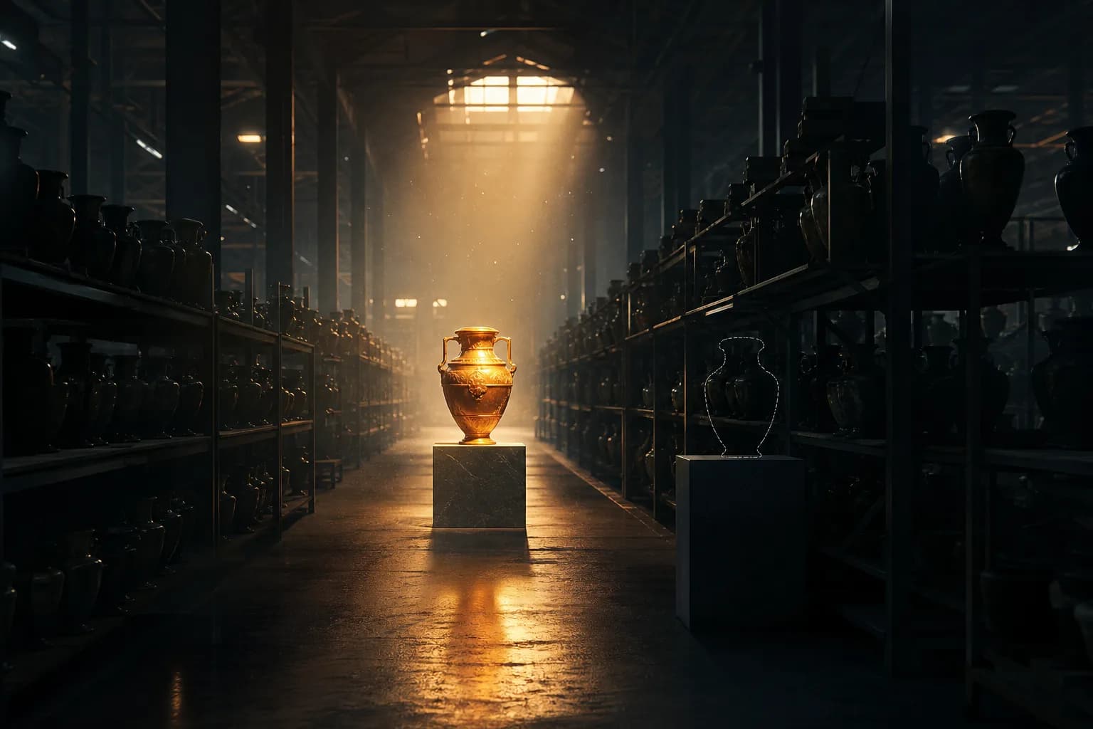 A dark warehouse with one empty outline where an object should be