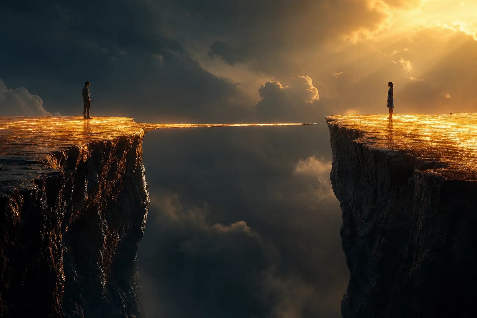 A dramatic chasm of light between two plateaus, with a thin bridge only partially crossing it