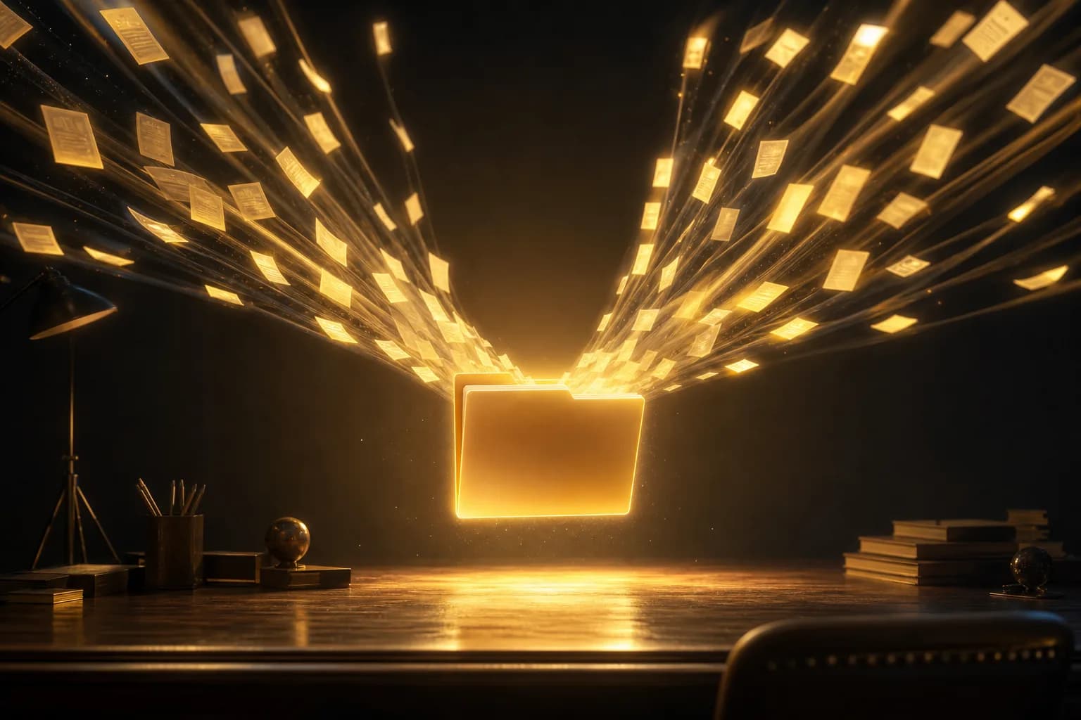 A fan of small glowing paper slips converging into one clean folder