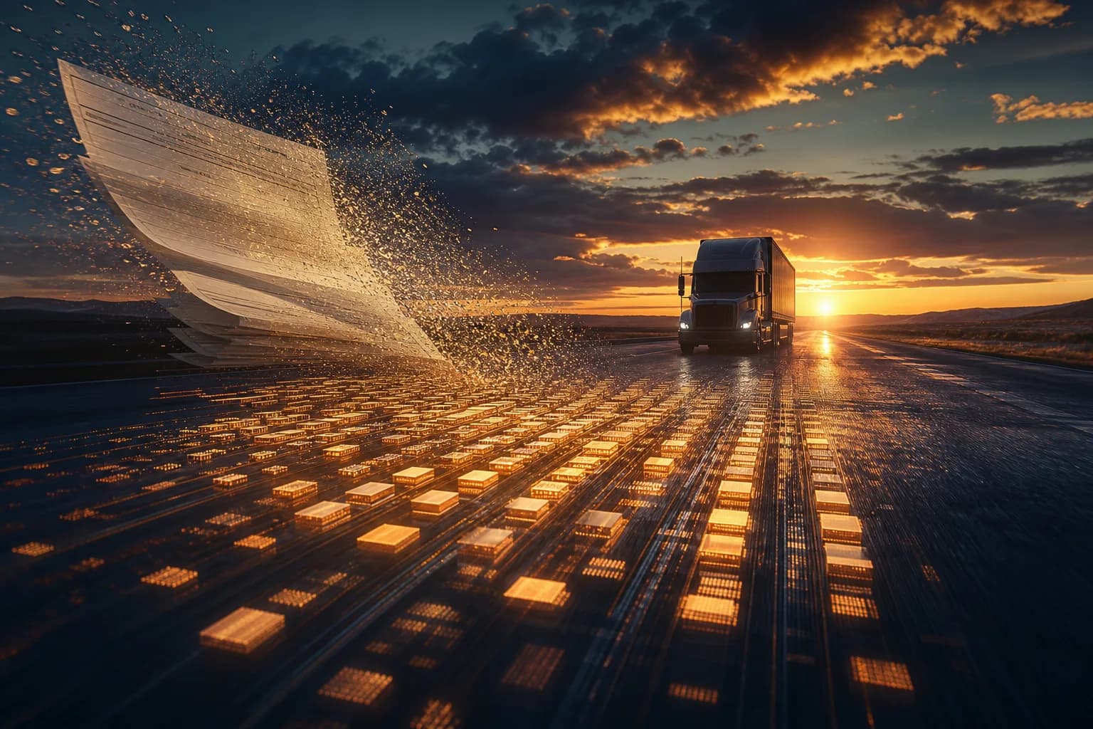 A trucking settlement statement resolving into organized, categorized rows over a highway
