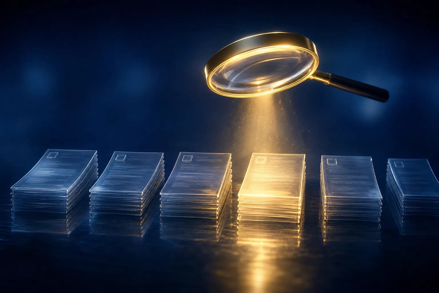A magnifying lens of light hovering over several document stacks, one chosen