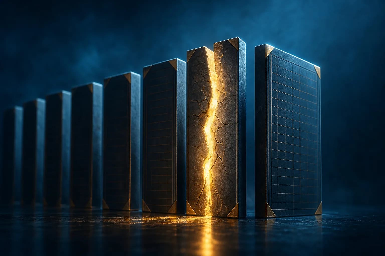 A row of upright ledger panels, one subtly cracked and leaking light