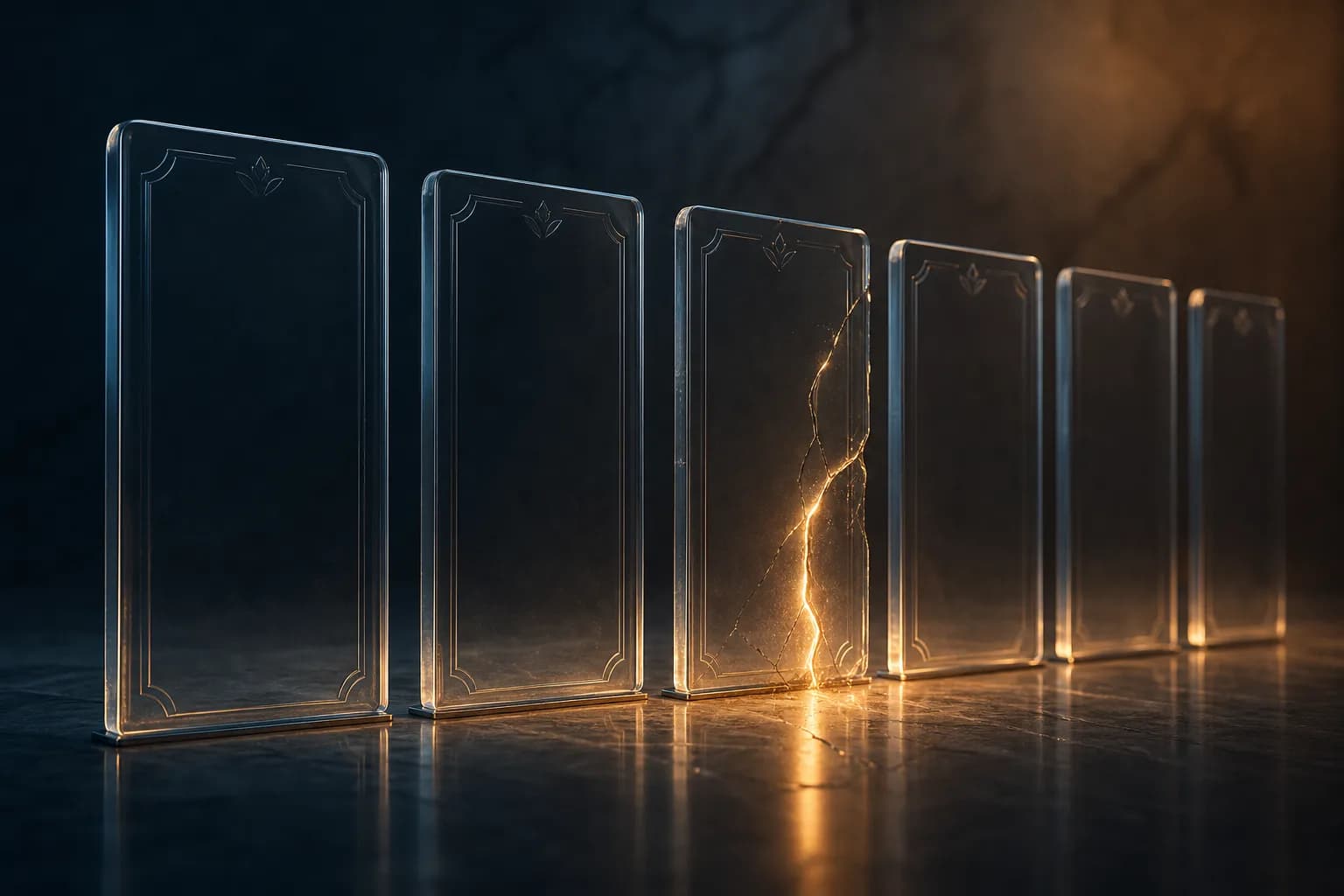 A row of upright ledger panels, one subtly cracked and leaking light