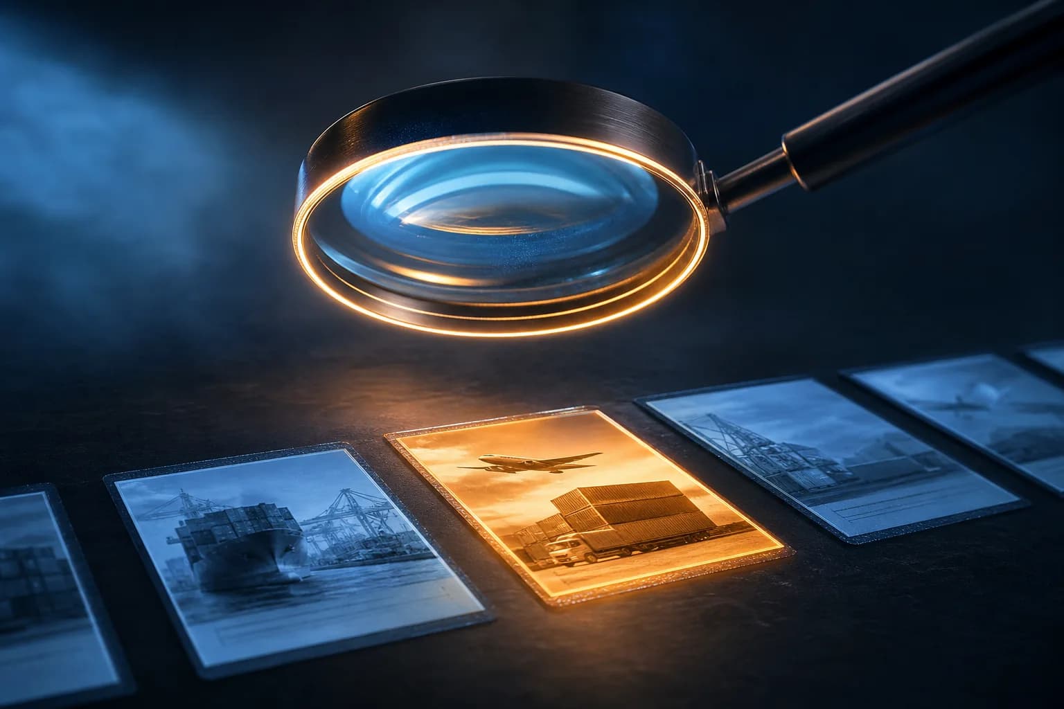 A magnifying beam of light passing over a row of shipping documents
