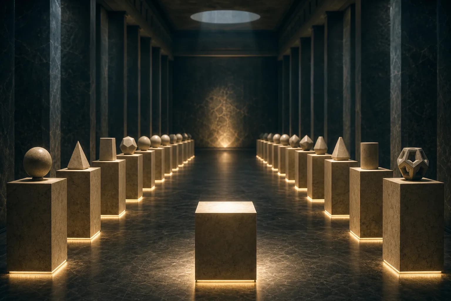 One empty pedestal in a hall of occupied ones