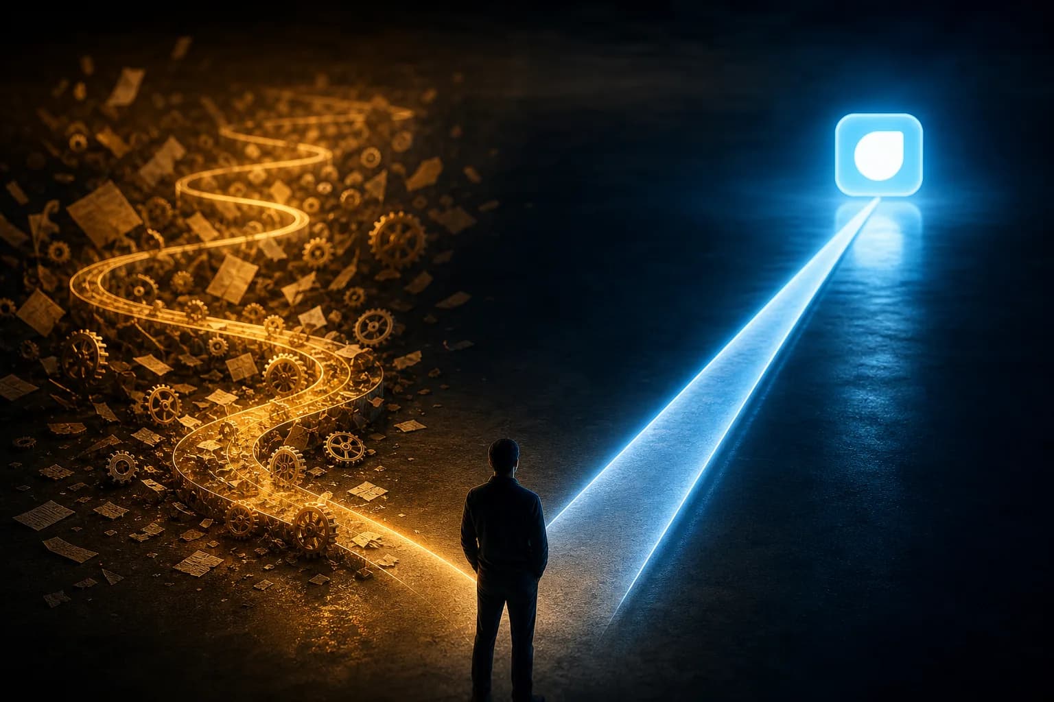 Two diverging paths, one a tangled maze of gears, the other a clean line toward a simple app icon
