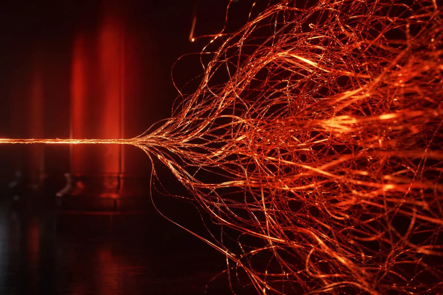 A single thread of payment data fraying into hundreds of tangled threads under growing strain