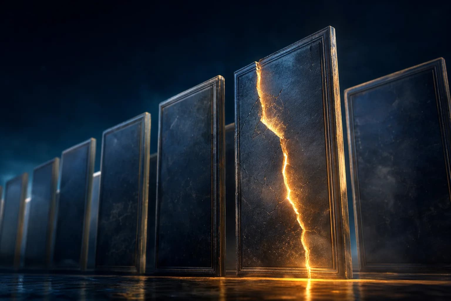 A row of upright ledger panels, one subtly cracked and leaking light