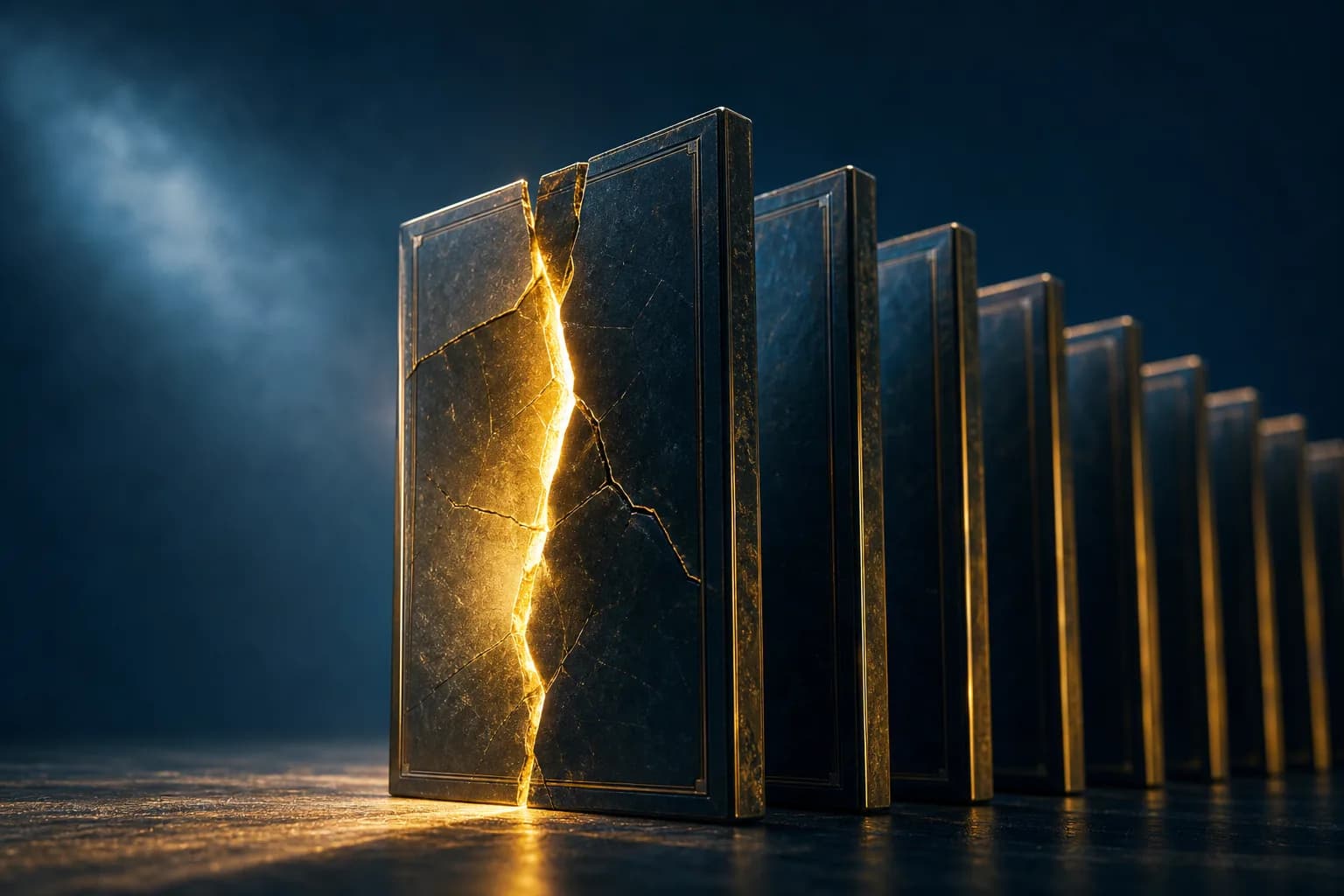 A row of upright ledger panels, one subtly cracked and leaking light