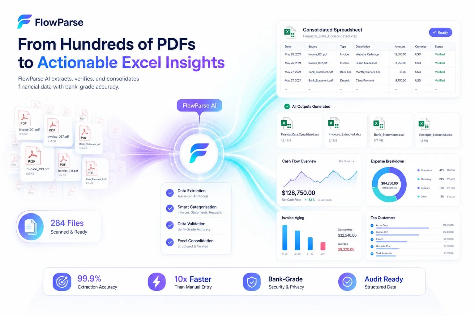 Hundreds of PDF files transformed into Excel workbooks and consolidated spreadsheets through FlowParse AI
