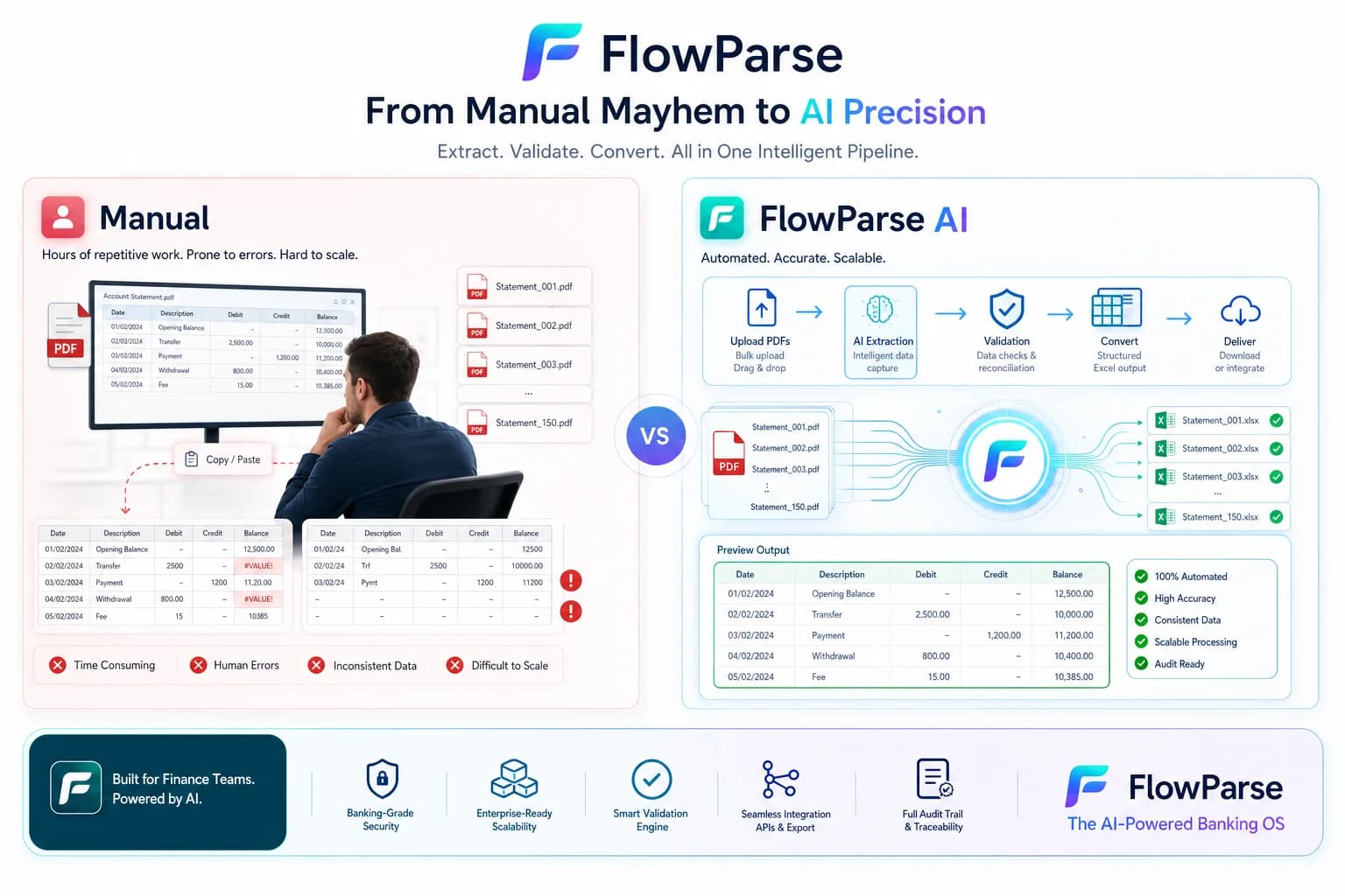 Split-screen comparison of manual PDF processing versus FlowParse AI bulk PDF to Excel conversion