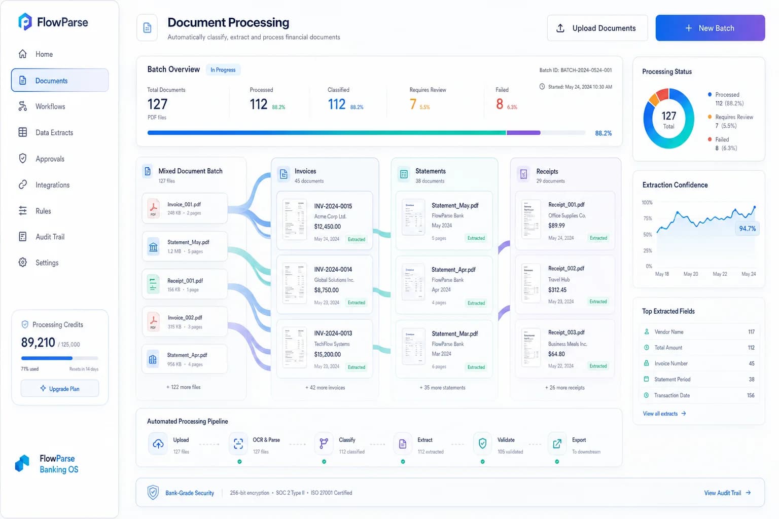 Mixed PDF batch of invoices, bank statements and receipts automatically classified and processed by FlowParse AI