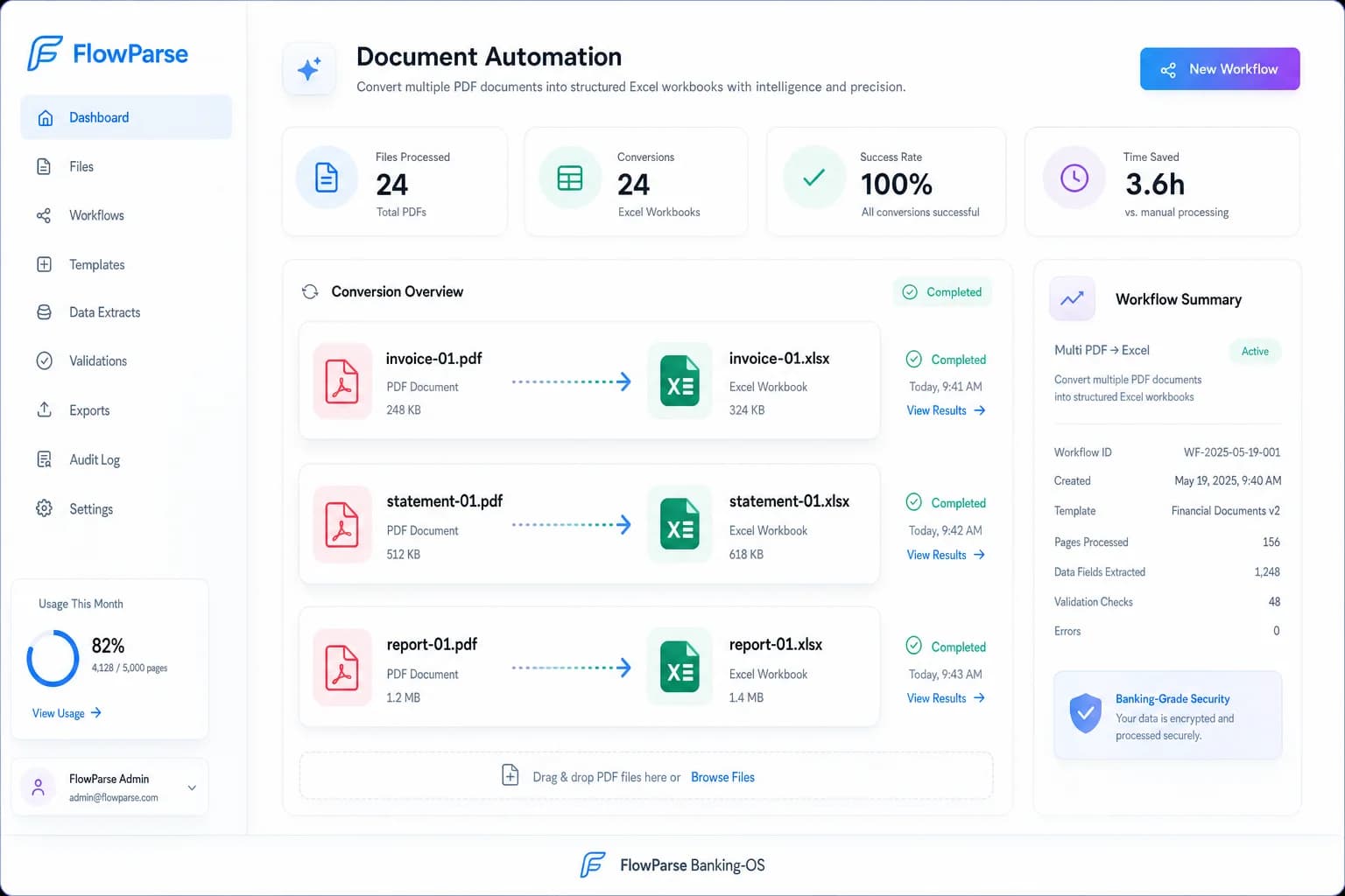 Multiple PDF files converted into individual Excel workbooks by FlowParse AI