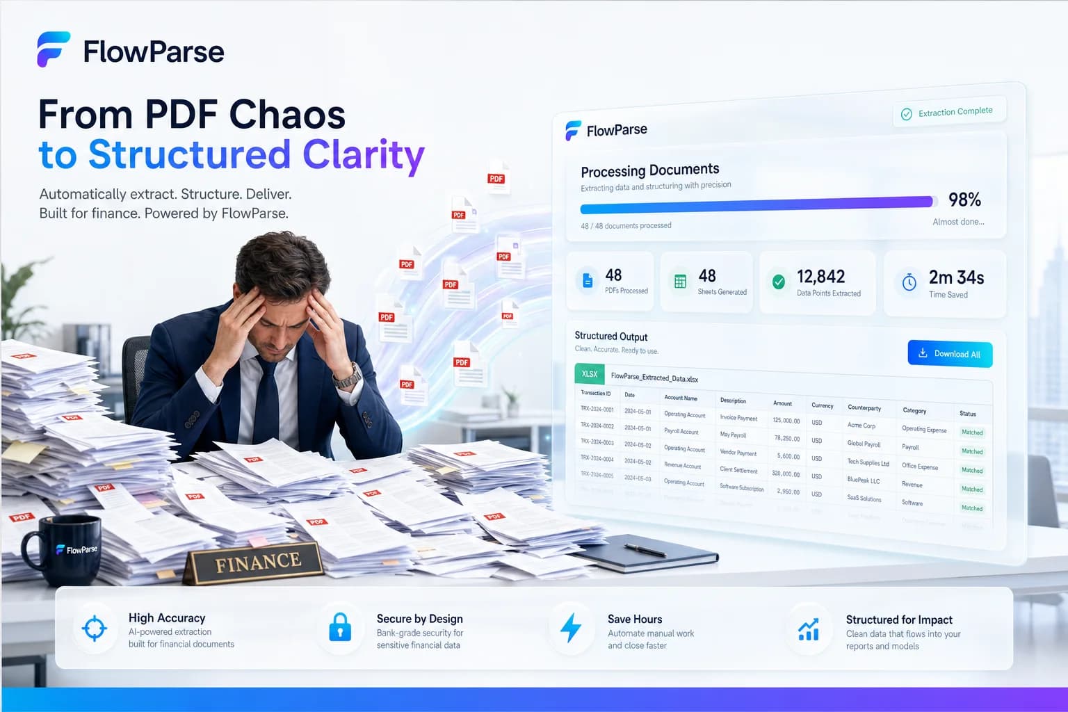 A finance team overwhelmed by dozens of PDF documents while FlowParse AI converts them into Excel spreadsheets