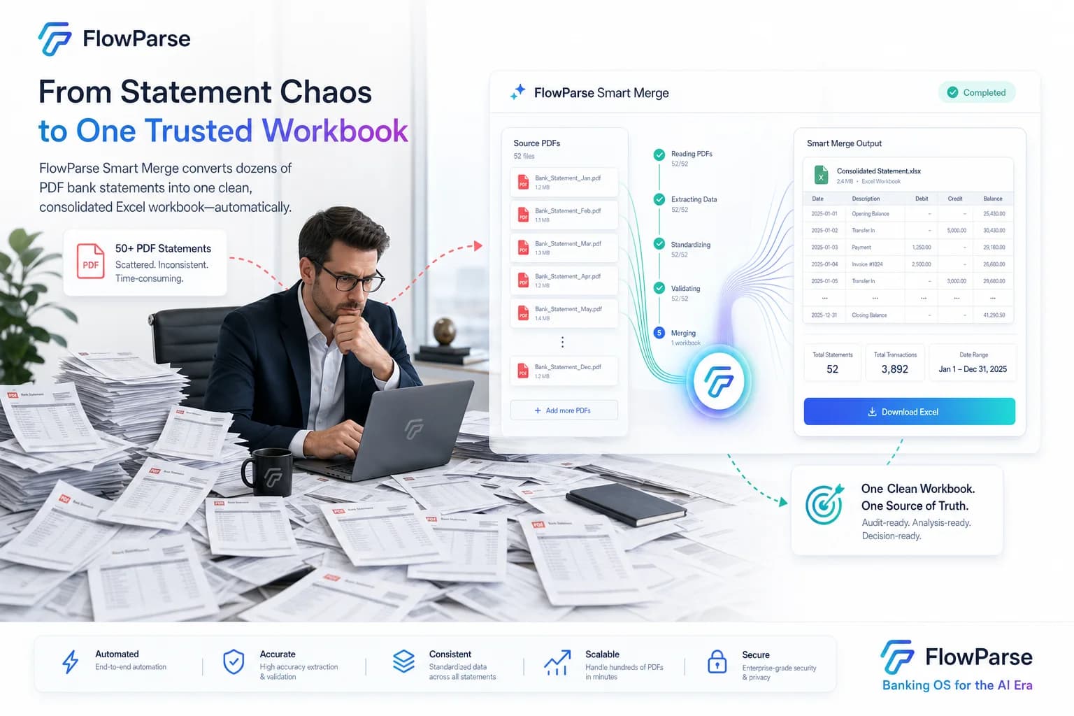 A finance team surrounded by dozens of PDF bank statements while Smart Merge builds one consolidated Excel spreadsheet
