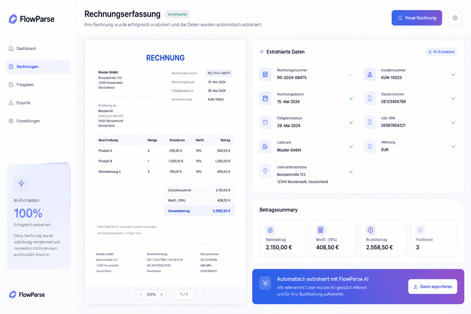Rechnungsextraktions-Dashboard im deutschen Buchhaltungsumfeld — Rechnungsnummern, Umsatzsteuerwerte, Lieferantendaten und Summen automatisch erkannt