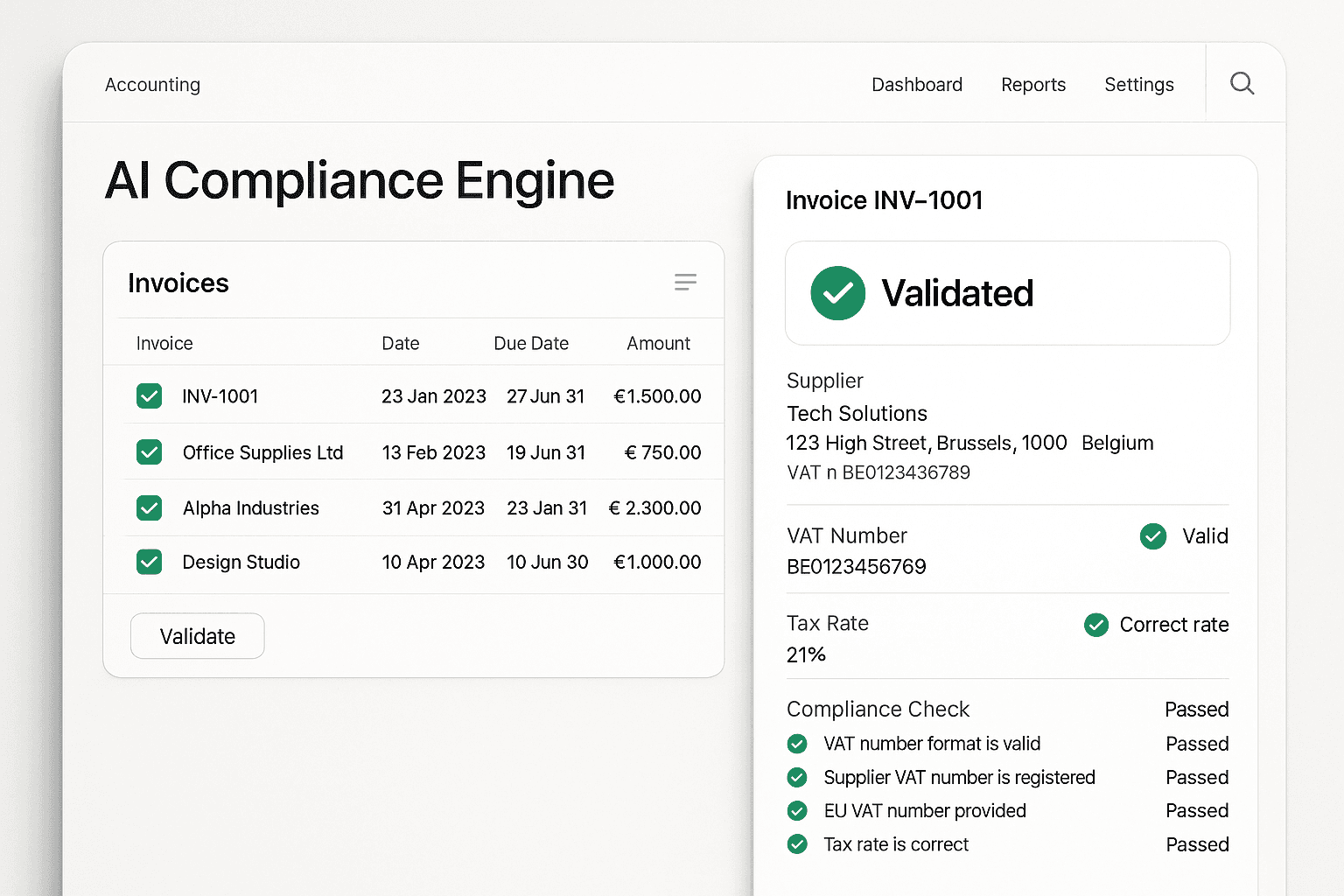 AI compliance engine validating European invoices — VAT numbers, supplier information, tax rates and compliance rules