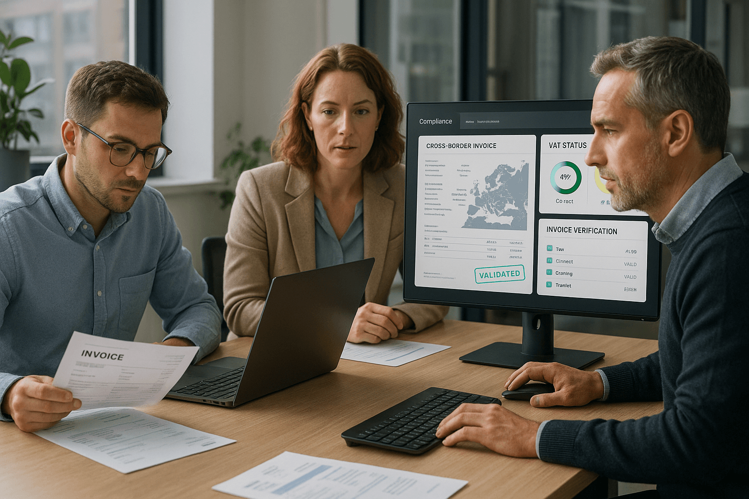 European finance team managing cross-border invoices while AI validates VAT compliance