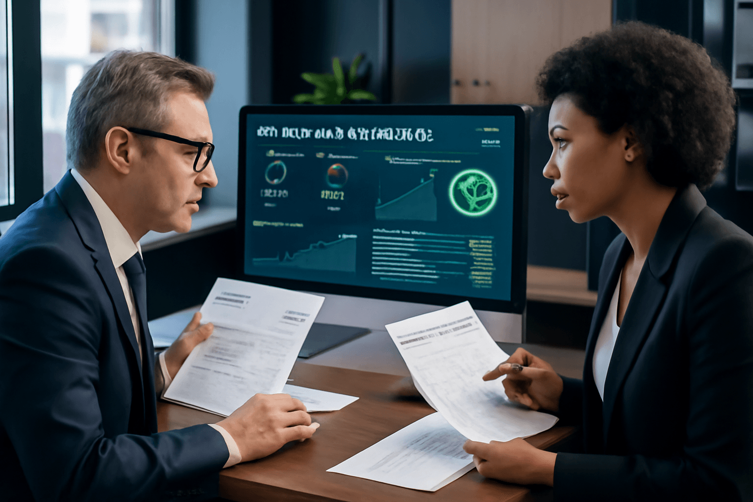 Professional accountants using AI financial validation platform to review invoices and accounting records
