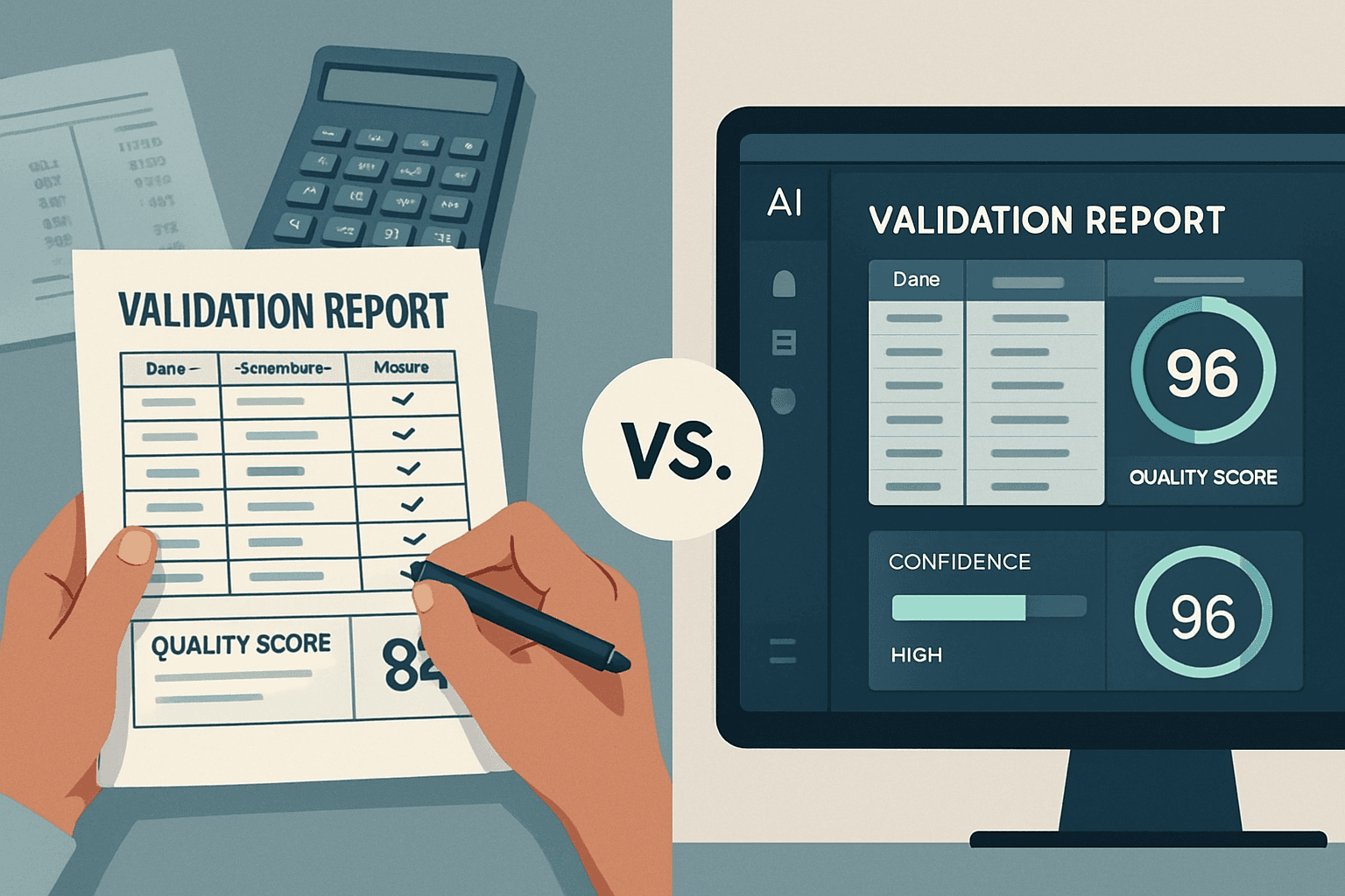 Split-screen comparison of manual financial data review versus AI-powered validation software with quality scores