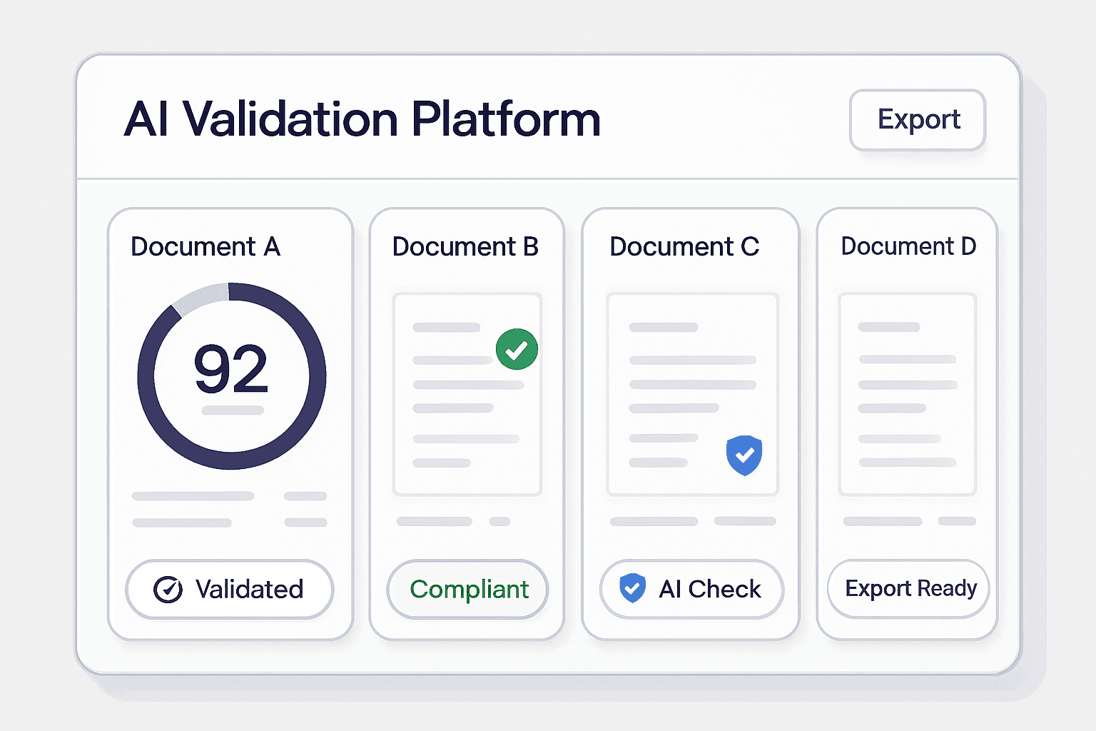 Financial documents processed through an AI validation platform with quality scores, compliance indicators and export-ready status