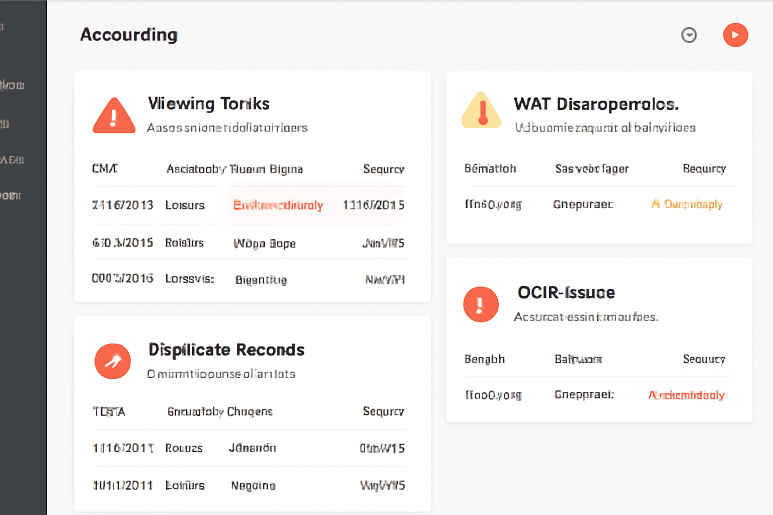 Financial document validation software highlighting missing fields, VAT discrepancies, duplicate records and OCR issues