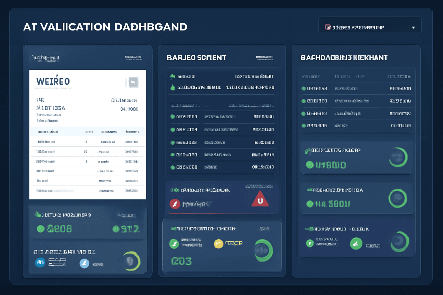AI financial validation dashboard reviewing invoices, bank statements and accounting records with compliance checks