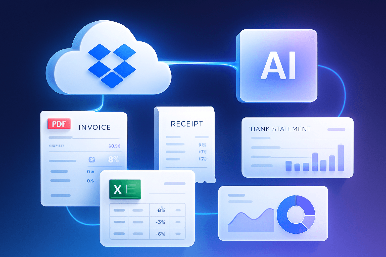 Dropbox connected to AI invoice processing, PDFs flowing into Excel