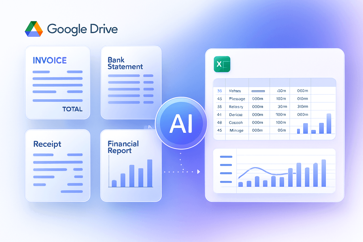 Invoices, statements, receipts and reports processed from Google Drive into Excel