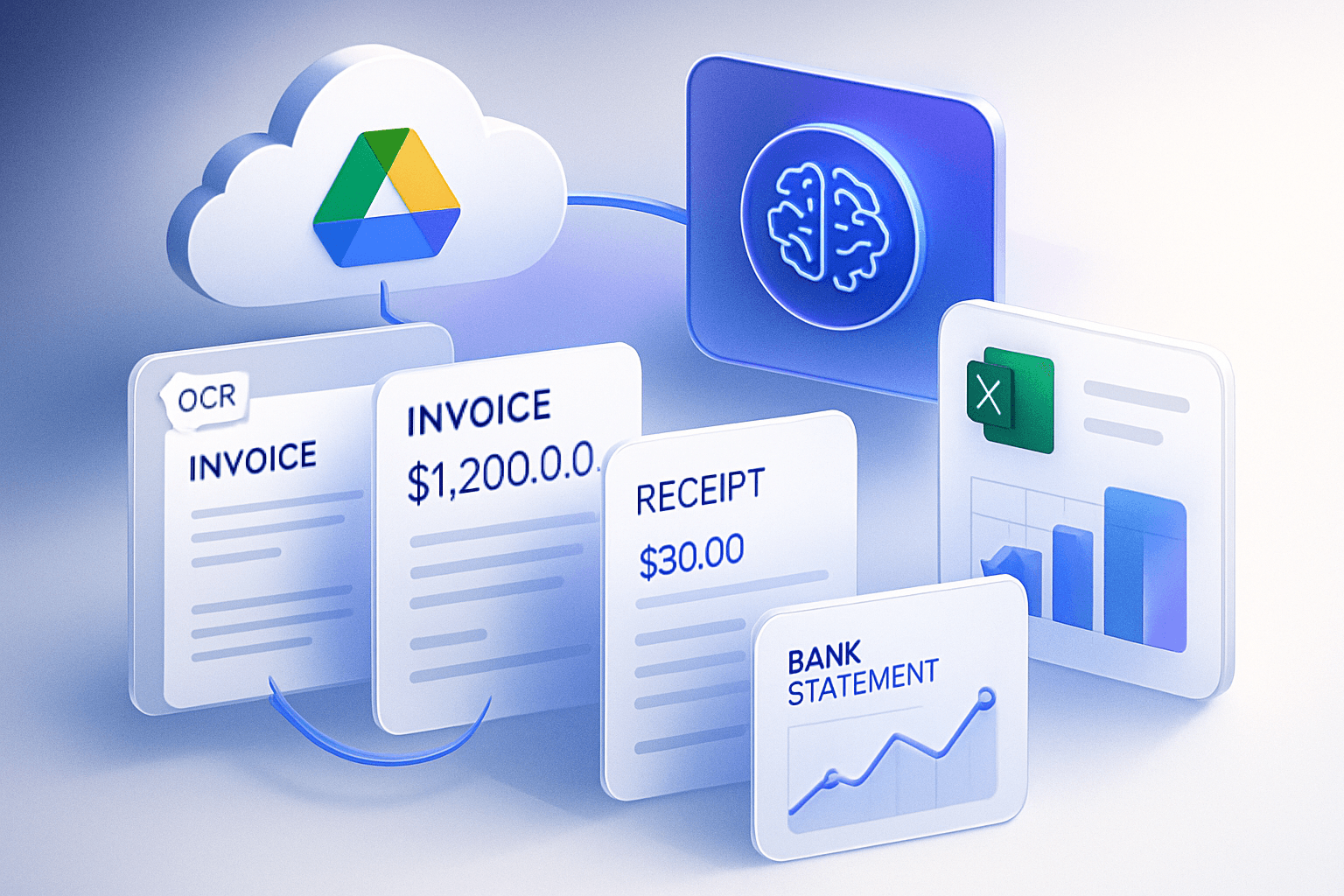 Google Drive connected to AI invoice processing, PDFs flowing into Excel