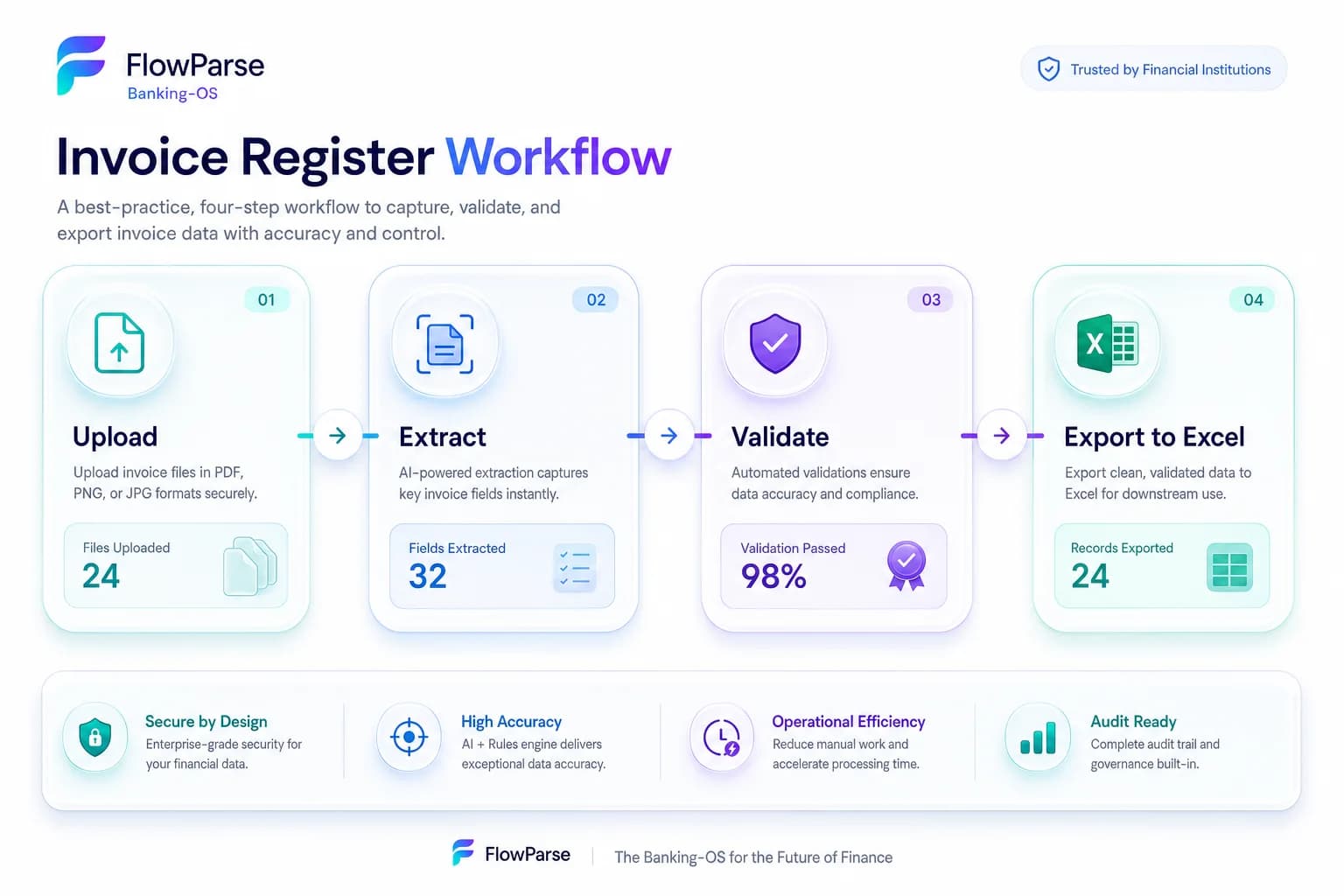 Best-practice invoice register workflow: upload, extraction, validation and Excel export