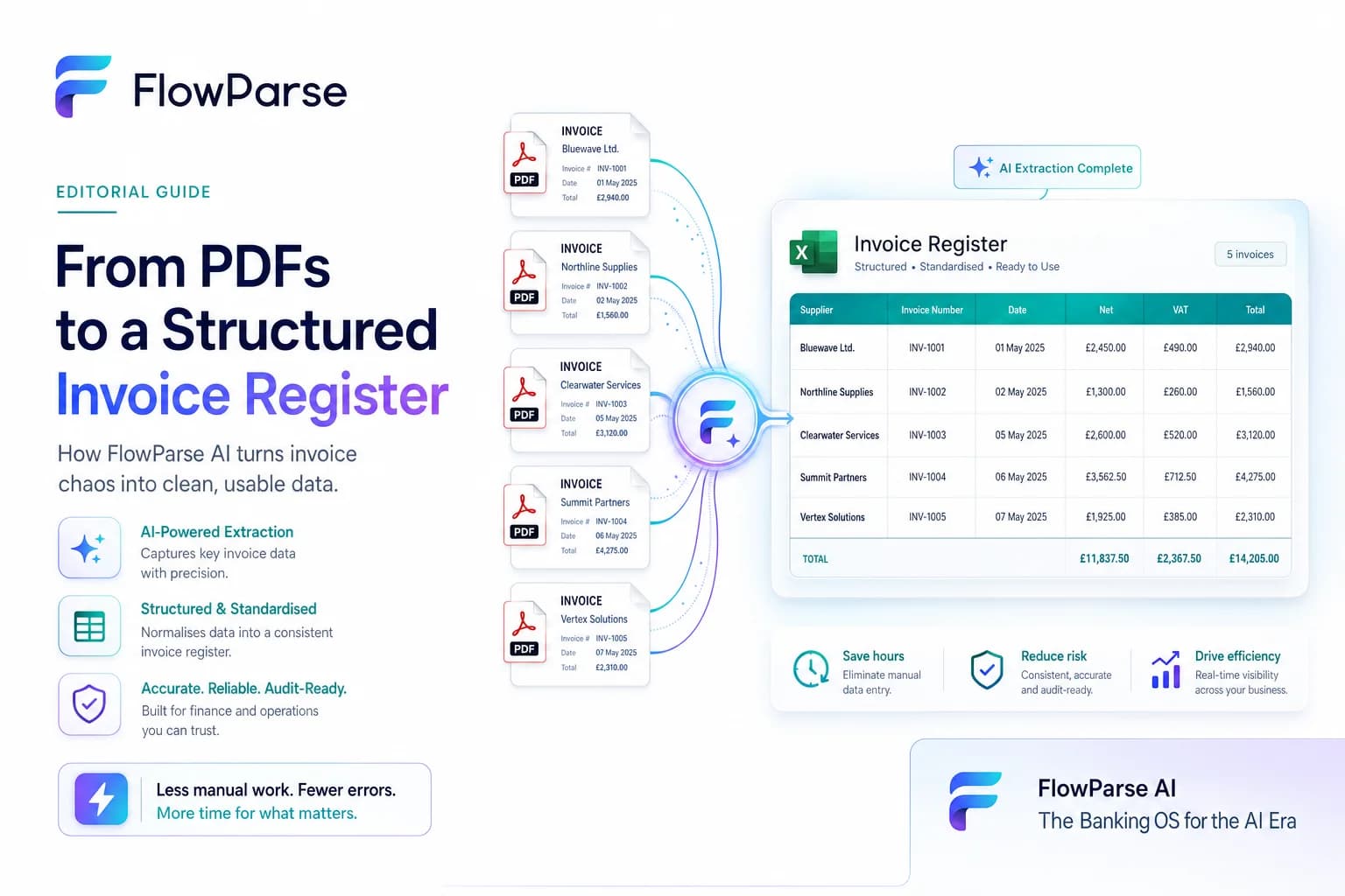 FlowParse AI creating a structured invoice register from multiple PDF invoices