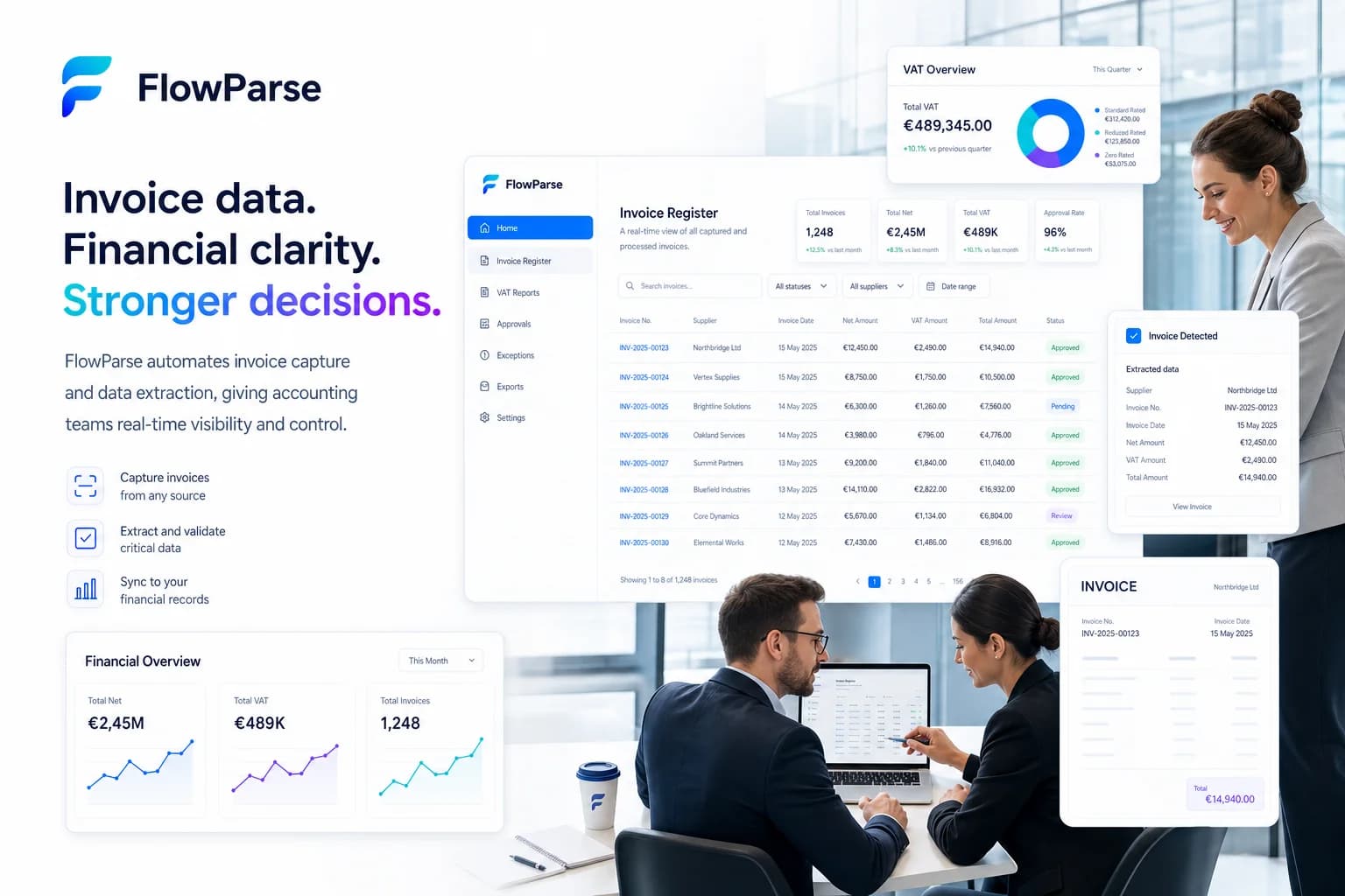 Accountants and finance teams using FlowParse invoice register automation