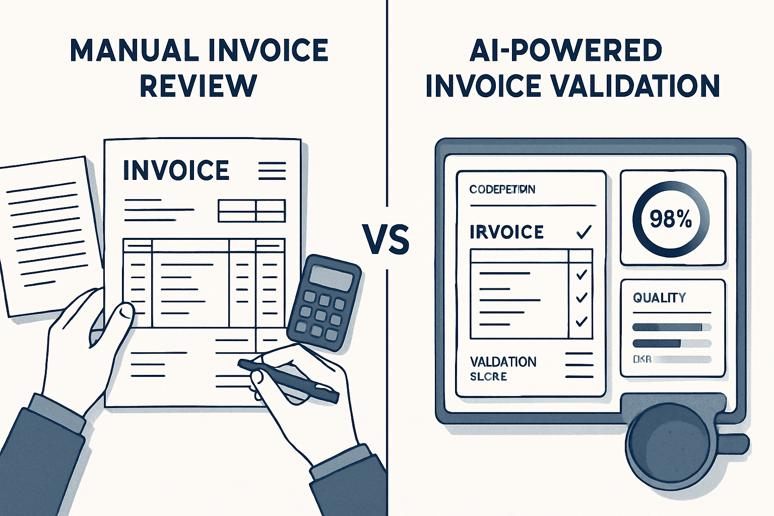 Split-screen comparison of manual invoice review versus an AI-powered invoice validation platform