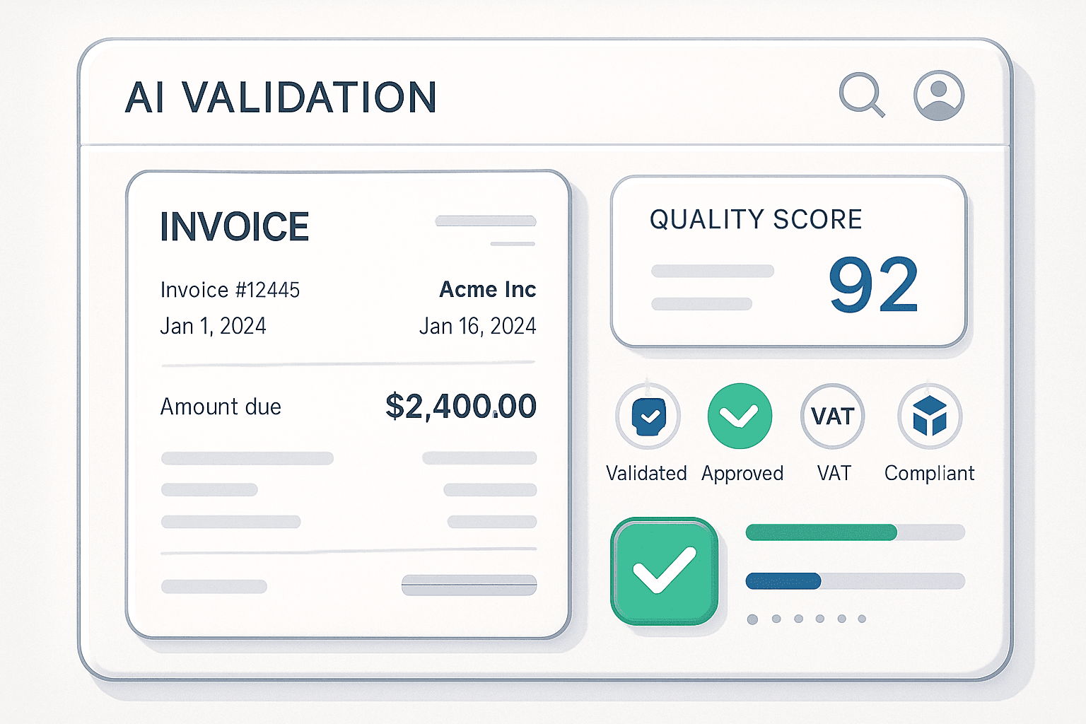 Invoice uploaded into an AI validation platform with quality score, validation badges and compliance indicators