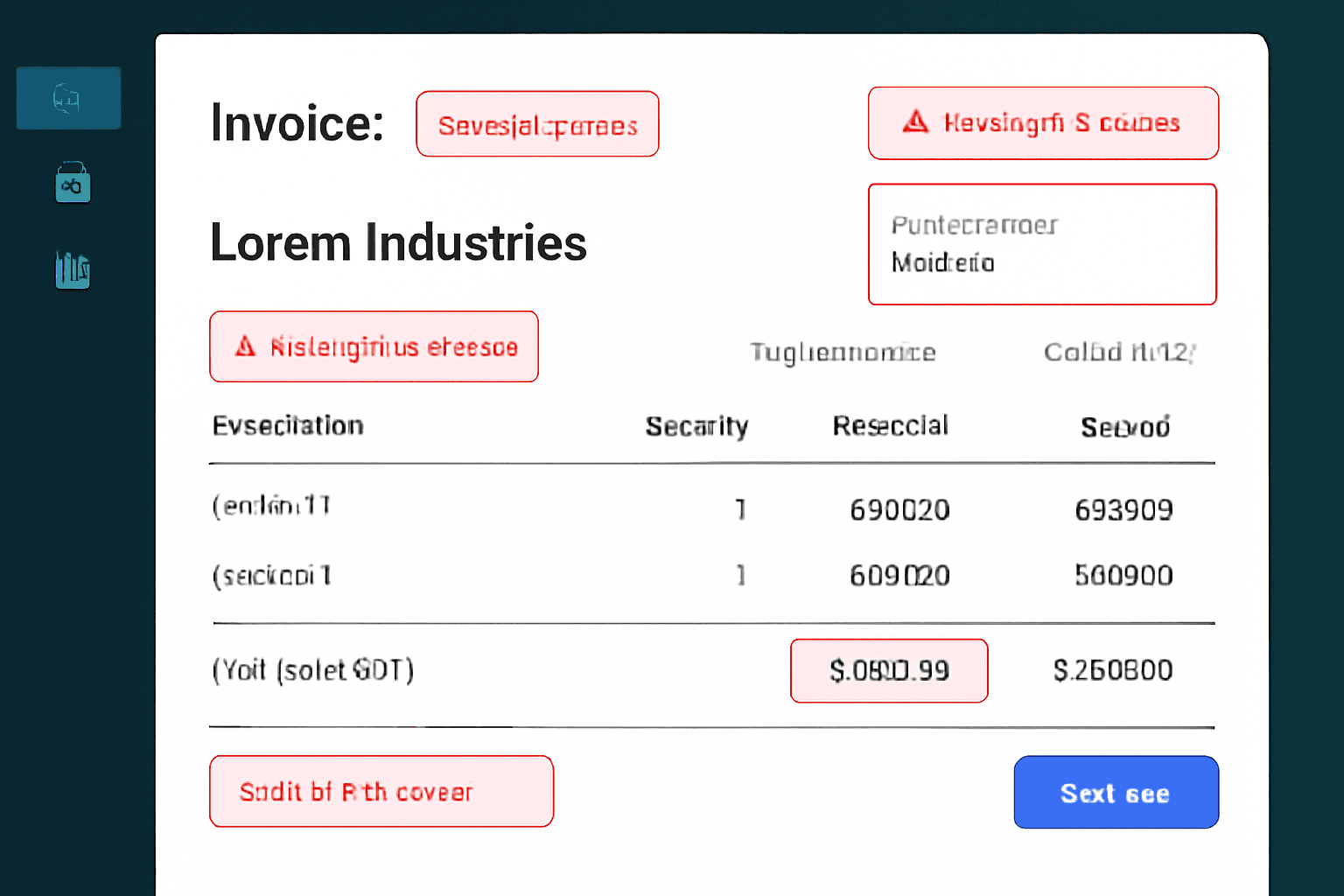 Invoice containing multiple validation errors highlighted by AI: missing VAT numbers, incorrect totals and duplicates