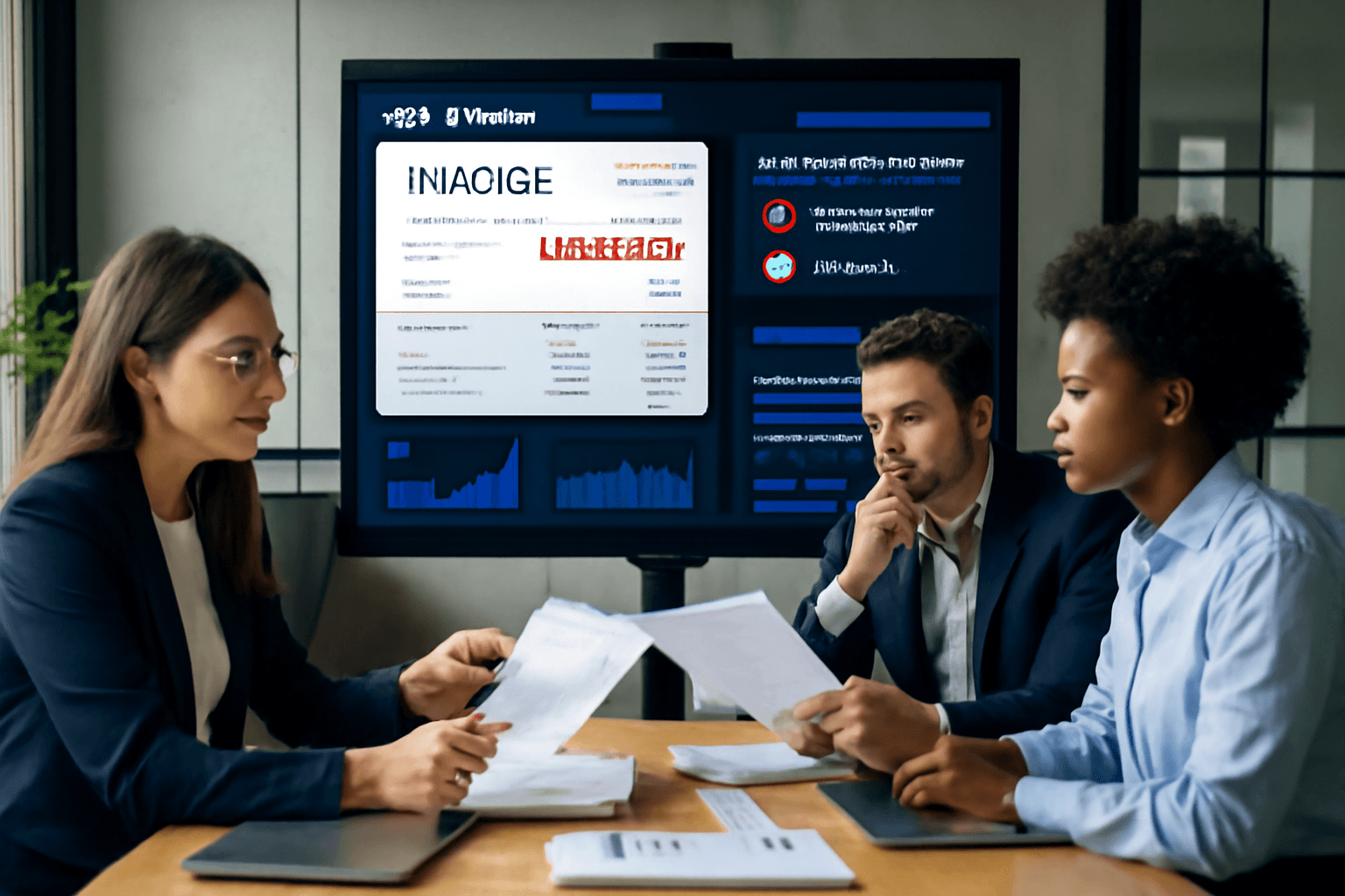 Finance team dealing with invoice discrepancies while AI validation software detects errors and compliance issues