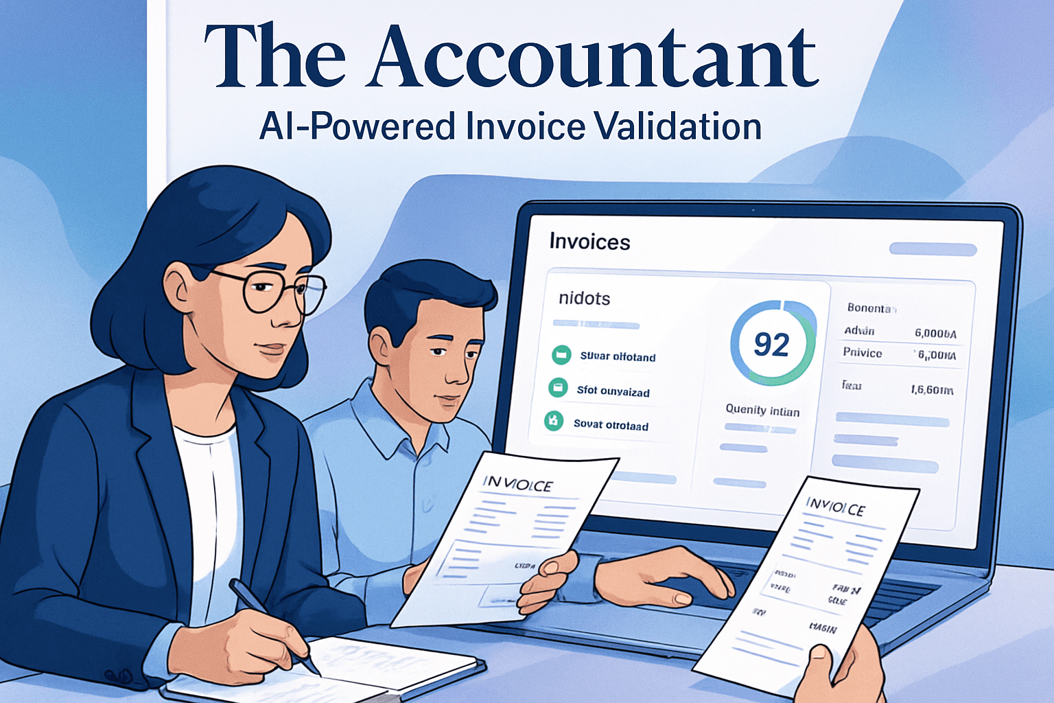 Accountants reviewing invoices while AI validates invoice data, VAT calculations and totals on a fintech dashboard