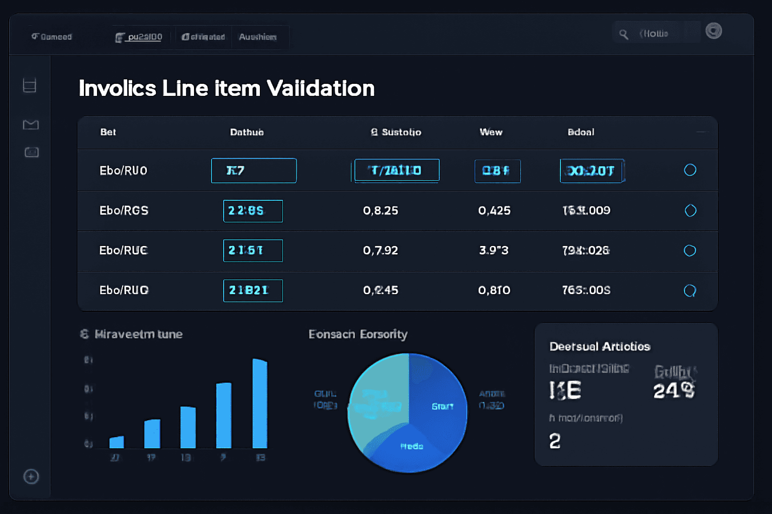 Invoice line item validation dashboard reviewing quantities, prices, discounts and totals