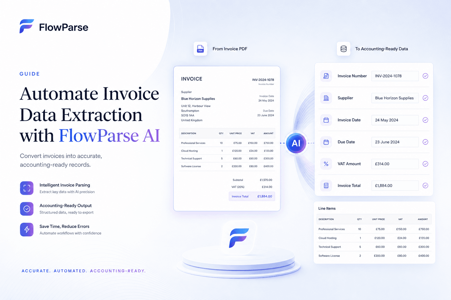 ParseFlow AI converting invoice PDFs into Xero-ready accounting records — invoice numbers, supplier information, VAT amounts, totals and line items extracted automatically