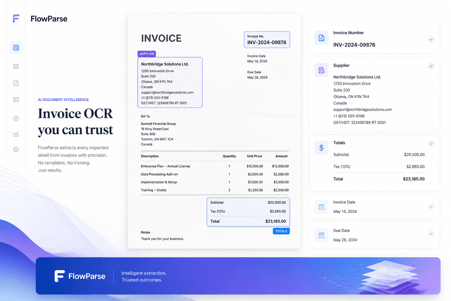 Invoice OCR engine reading a scanned invoice and detecting invoice number, supplier information and totals with recognition overlays