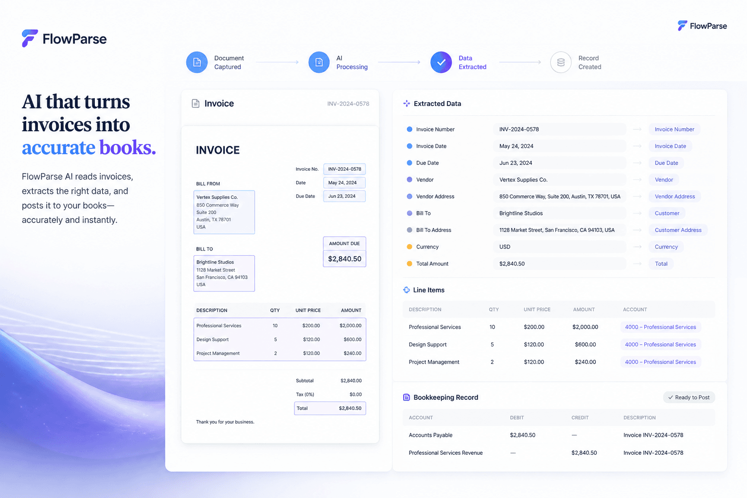 Invoice PDF transformed into structured accounting data by ParseFlow AI — invoice fields highlighted and mapped into bookkeeping records