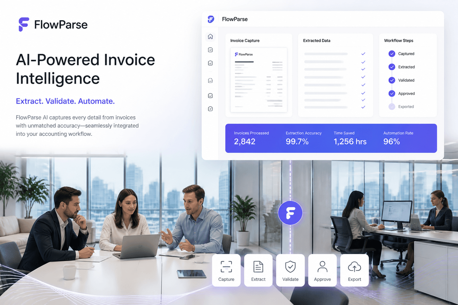 Modern finance team using cloud accounting workflows with ParseFlow AI invoice extraction integrated into accounting operations