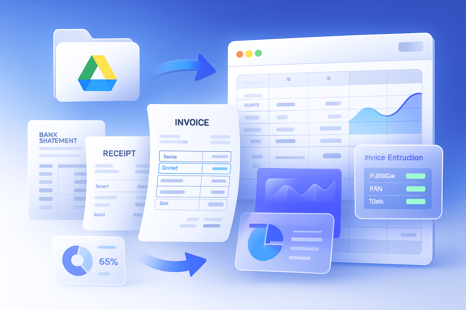 Hero — Google Drive connected to AI document automation; PDFs flowing into Excel.