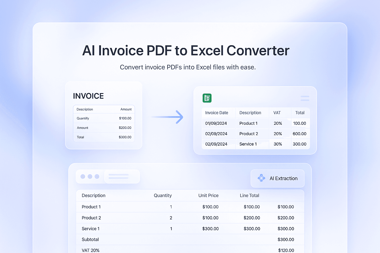 Invoice PDF to Excel AI converter — ParseFlow AI dashboard showing invoice extraction and Excel export