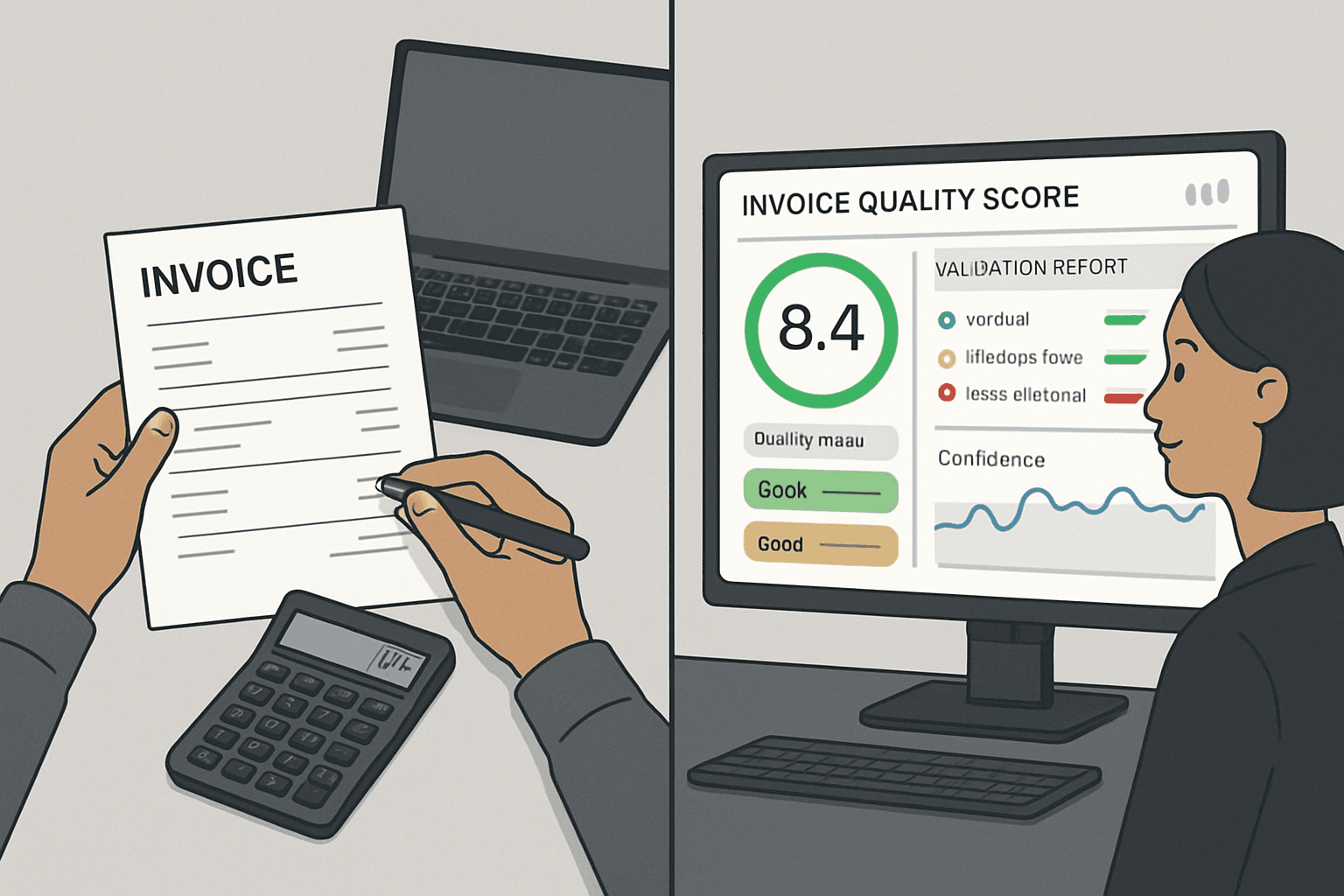 Split-screen comparison of traditional invoice review versus AI-powered Invoice Quality Score platform