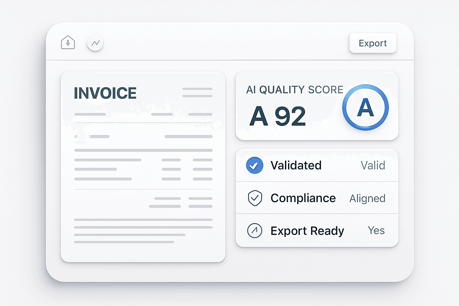 Invoice receiving an AI-generated quality score with validation badges, compliance indicators and export readiness metrics